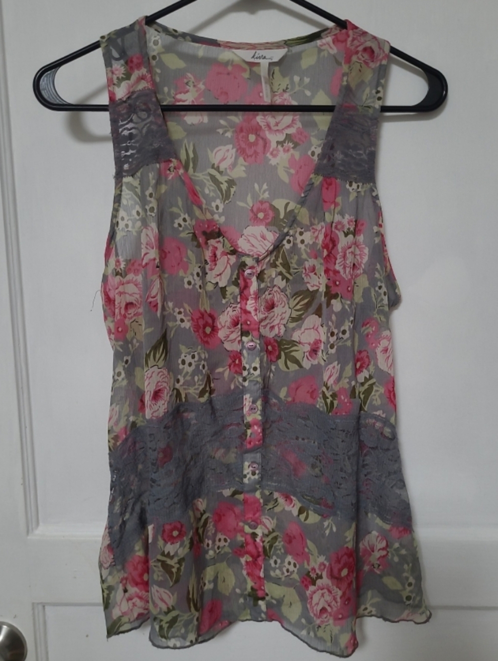 Kirra Gray Sheer Floral Lace-Trim Sleeveless Cami XL